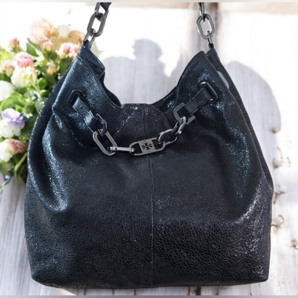 EUC Tory Burch Large Natalya Hobo Black Leather Snake/Bag - Picture 2 of 11